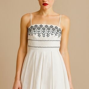 90s Cotton Embroidered White Floral Black Spaghetti Strap Dress Large